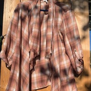 NEW plaid, long, flowy shawl/cardigan, frayed ends